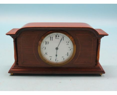An early 20th century inlaid mahogany mantel clock, with circular enamelled dial, Swiss Buren timepiece movement, 10.5in. 