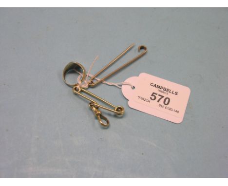An 18ct. gold watch clip, pendant from brooch mount, 7.1 grams, a 9ct. gold signet ring, 4.1 grams and a 9ct. gold bar brooch