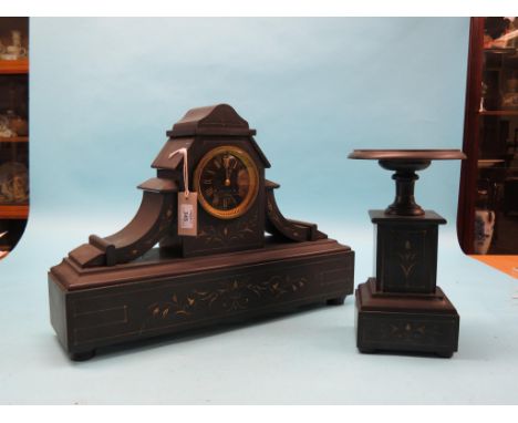 A large Victorian black slate mantel clock garniture, with French bell-striking movement, the whole engraved and lightly gild