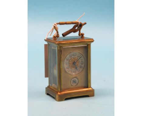 A French brass carriage clock, twin-train movement with alarum, bell-striking, obis case with key, 5.75in.