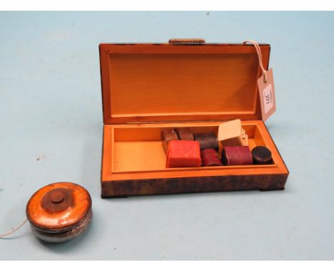 An early Yoyo, wood and metal-bound, together with seven various ring boxes and a simulated tortoiseshell box with silvered f