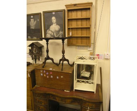 A small waxed pine wall rack, four fitted shelves, 1ft. 6in., pine storage trunk, two wine tables, glazed cabinet, etc. (7) 