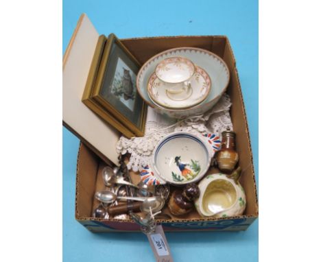 A Russian 84 zlotnik and niello teaspoon, a .830 silver caddy spoon, ceramics including Belleek milk jug, linen pictures and 