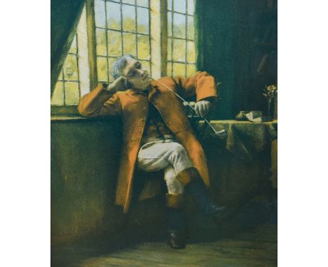 19th Century School, coloured print, A man seated by a window smoking a pipe, displayed within an interesting oak frame with 