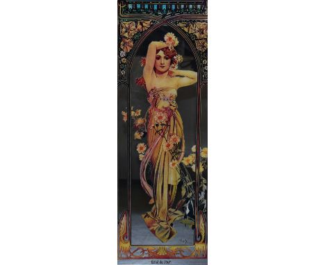 After Alphonse Mucha (1860-1939, Czechoslovakian), mirror print, 'Eclat du Jour', framed, measuring 40cm x 88cm overall