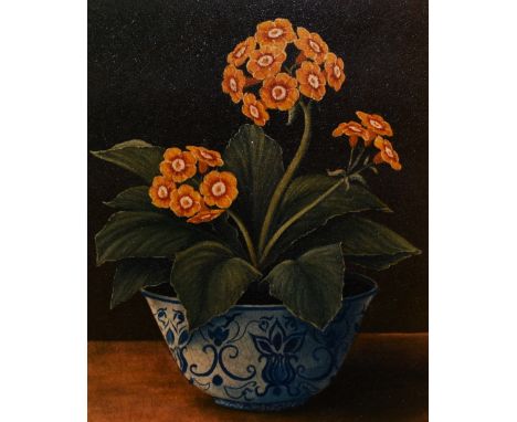 20th Century School, oleograph, 'Yellow Auricula', an eye catching print depicting hyper-realistic flowers in a blue and whit