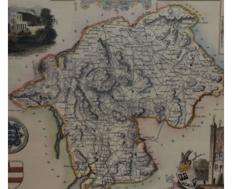 20th Century, coloured print, A coloured and illustrated map of historic Westmorland with depictions of Brougham Hall and coa