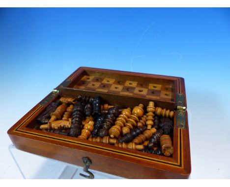 A MAHOGANY CASED BOX AND EBONY TRAVELLING CHESS SET, THE BOX OPENING TO REVEAL THE CHESS BOARD, THE BOX.   W 13.5cms. TOGETHE