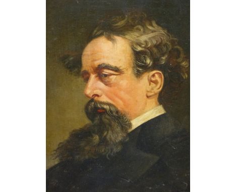 G. MORRIS (19th.C. ENGLISH SCHOOL).  PORTRAIT OF CHARLES DICKENS.  SIGNED, OIL ON CANVAS.  31 x 23cms. 