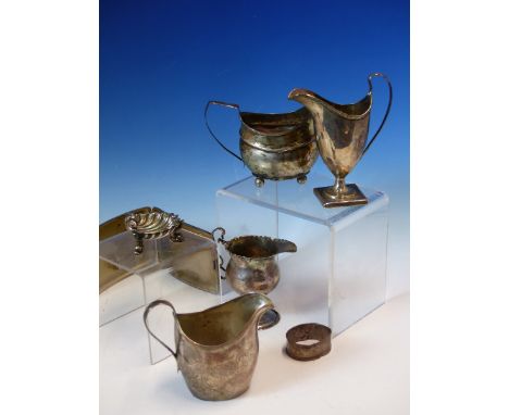 A GEORGE III, HALLMARKED SILVER HELMET FORM JUG WITH LOADED BASE, AND THREE FURTHER CREAM JUGS OF SIMILAR PERIOD, A SILVER CI