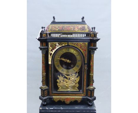 AN 18th C. AND LATER BOULLE CASED MANTEL CLOCK SIGNED J ARTUS PARIS BELOW A FIGURE OF ATLAS HOLDING UP THE CHAPTER RING, THE 