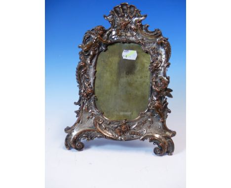 A PAIR OF SILVER ON COPPER EASEL BACKED PHOTOGRAPH FRAMES CAST WITH FLOWERS, AMORINI AND ROCAILLE BELOW SHELL CRESTING. 27 x 