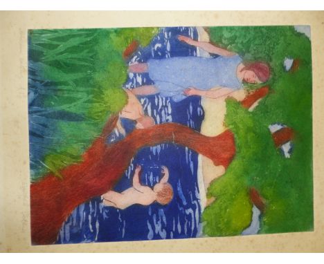 WINIFRED  PETARD (1908-1996).  ARR.  CHILDREN BATHING.  PENCIL SIGNED COLOUR ETCHING, UNFRAMED.  SHEET SIZE 52 x 39cms. 