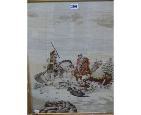 A MID 19th C. BERLIN WOOLWORK PICTURE DEPICTING THREE HORSEMEN AND DOGS HUNTING A BEAR, THE GILT FRAME.   68 x 55cms.