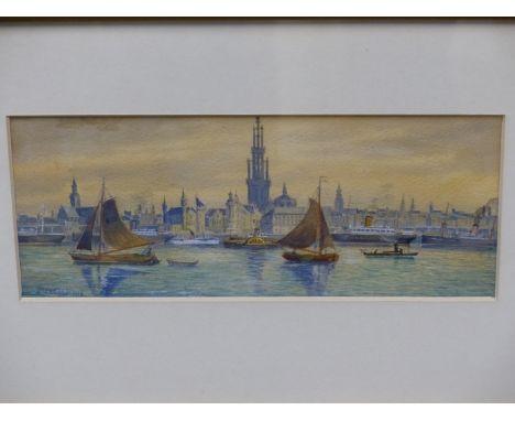 I. LECOSIN? (EARLY 20th.C. CONTINENTAL SCHOOL). A EUROPEAN PORT. SIGNED, WATERCOLOUR. 11.5 x 28cms.