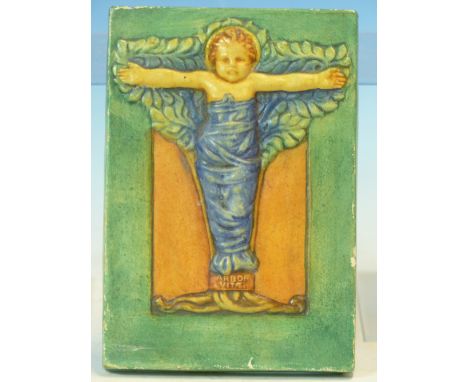 A COMPTON ART POTTERY PLAQUE MOULDED IN RELIEF WITH A CHILD SWADDLED IN BLUE WITHIN A TURQUOISE BORDER, IMPRESSED MARK. 13.5 
