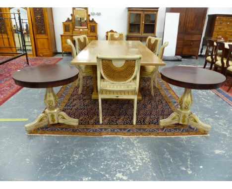 A PAIR OF BESPOKE LAMP TABLES WITH PAINTED AND GILT DECORATION IN THE WILLIAM IV TASTE.  W. 72 x H. 71cms.