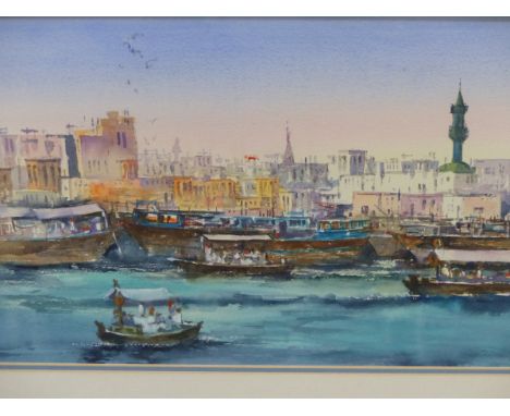 MIDDLE EASTERN CONTEMPORARY SCHOOL.  A BUSY PORT.  SIGNED INDISTINCTLY, WATERCOLOUR,  25 x 42cms.  TOGETHER WITH A PENCIL SIG