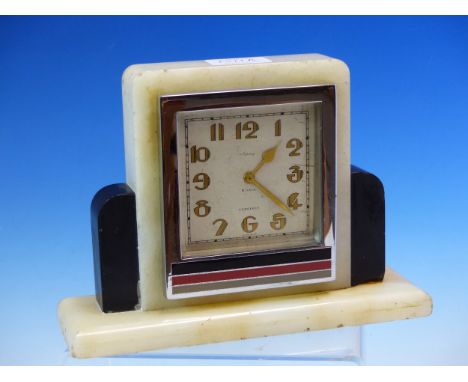 AN ASPREY/LONGINES ALABASTER AND ENAMEL ART DECO EIGHT DY MANTEL CLOCK.  H 14cms
