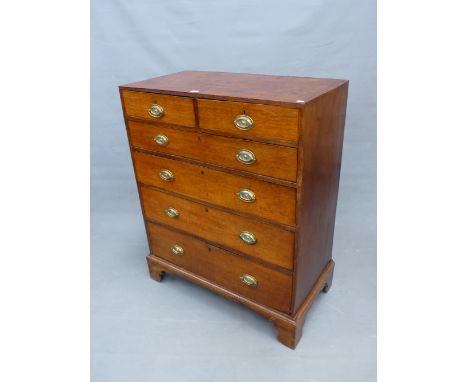A GEORGIAN OAK CHEST OF TWO SHORT AND FOUR GRADED DRAWERS, EACH EDGED WITH MULTIPLE LINE INLAY ABOVE BRACKET FEET. W 92 x D 4