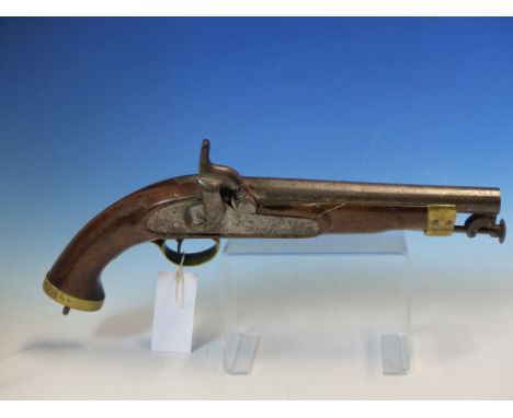 A VICTORIAN PERCUSSION PISTOL .577 CALIBRE . SWIVEL MOUNTED RAMROD AND WITH LANYARD RING TO BUTT. ( NO UK FIREARM CERTIFICATE