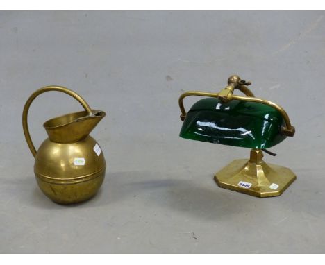 A BRASS FOOTED ADJUSTABLE DESK LAMP WITH RECTANGULAR SECTIONED GREEN GLASS SHADE TOGETHER WITH A MERRIDAL WORKS BRASS DRESSER