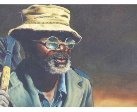 20th.C. SCHOOL.  PORTRAIT OF A MAN CARRYING A PACK.  INDISTINCTLY SIGNED AND DATED, OIL ON CANVAS.  51.5 x 77cms. 