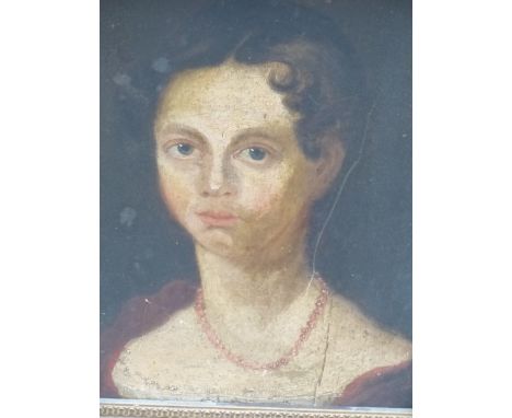 19th.C. ENGLISH NAIVE SCHOOL.  PORTRAIT OF A LADY.  OIL ON BOARD.  36 x 30cms. 