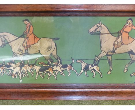AFTER CECIL ALDIN.  A PAIR OF VINTAGE COLOUR HUNTING PRINTS AND A SIMILAR COACHING PRINT.  UNIFORM OAK FRAMES.  27 x 70cms (3