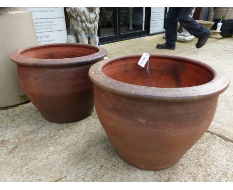 PAIR OF LARGE STONEWARE GARDEN POTS.  D. 54 x H. 40cms,  TOGETHER WITH AN ANTIQUE CARVED STONE PLANTER AND BASE IN THE GOTHIC