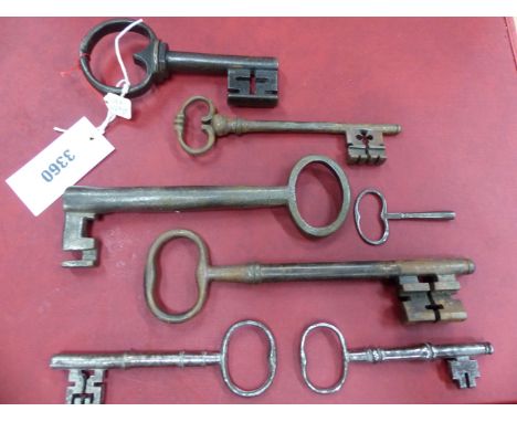 A COLLECTION OF NINE 17th CENTURY AND LATER IRON KEYS,TOGETHER WITH TWO CLOCK KEYS THE LARGEST.   W 21.5cms.