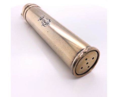 A SILVER MOUNTED MERCURY THERMOMETER BY ALBERT BARKER, LONDON 1896, THE CYLINDRICAL CONTAINER WITH THE MOTHER OF PEARL FAHREN