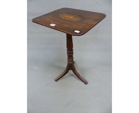 A REGENCY MAHOGANY WINE TABLE WITH THE RECTANGULAR TOP CENTRALLY INLAID WITH A CONCH SHELL, THE RING TURNED COLUMN ON TRIPOD 