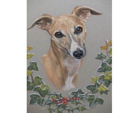 MARY BROWNING (20th/21st.C.).   ARR.  TWO PLAYFUL WHIPPETS.  PASTEL, SIGNED.  47 x 61cms.  TOGETHER WITH ANOTHER SMALLER DOG 