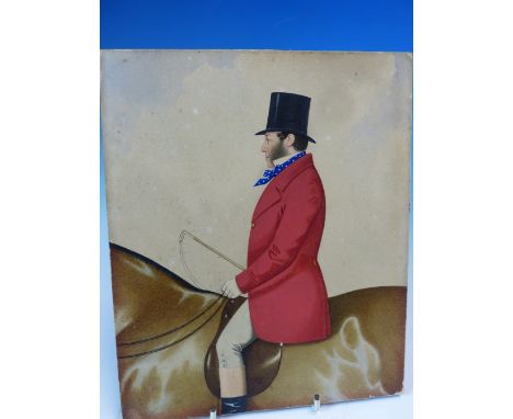 JOSHUA DIGHTON (1831-1908).  MINIATURE PROFILE PORTRAIT OF A GENTLEMAN ON A HORSE WEARING A RED COAT.  WATERCOLOUR, INSCRIBED