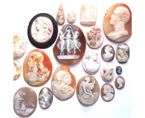 A COLLECTION OF ANTIQUE AND LATER PORTRAIT AND SCENIC CAMEOS, SIZES RANGING FROM 5.5cms TO 1.2cms. TOTAL QUANTITY 23 ITEMS.