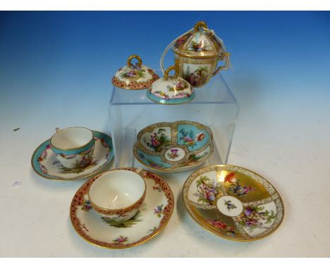 A HELENA WOLFSOHN AUGUSTUS REX CABINET CUP, COVER AND SAUCER, A QUATREFOIL SAUCER WITH ALTERNATING PANELS OF FLOWERS AND FIGU