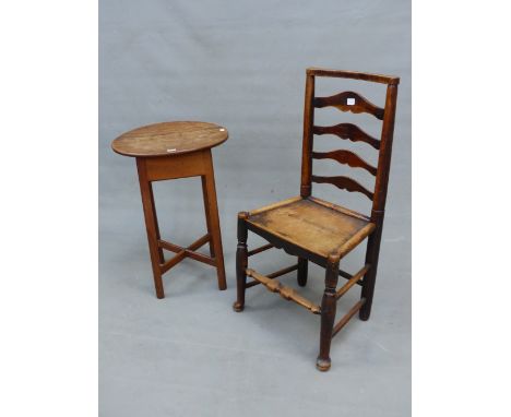 A GEO III COUNTRY OAK AND ELM OCCASIONAL TABLE WITH CIRCULAR TOP ON SQUARE CHAMFERED LEG AND CROSS STRETCHER. 46cm (Dia.) x 6