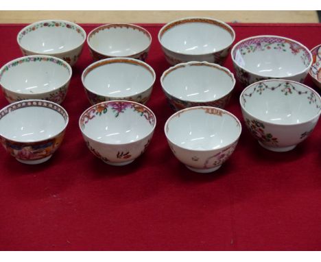 A CHINESE EXPORT TEA BOWL AND SAUCER, NINE VARIOUS TEA BOWLS, ANOTHER OF NEW HALL TYPE TOGETHER WITH A CHINESE SAUCER, ALL VA