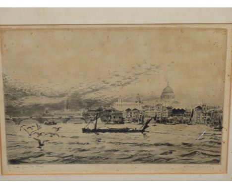 W.L. WYLLIE (1851-1931).  A BUSY VIEW OF THE THAMES, LONDON.  SIGNED ETCHING.  42 x 53cms.  TOGETHER WITH A VIEW OF ST. PAULS