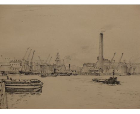 BERNARD BOWERMAN (1911-****).  ARR.  GREENWICH REACH.  SIGNED PENCIL DRAWING.  25 x 37cms.  TOGETHER WITH AN ETCHING OF A STA
