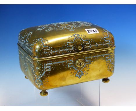 A 19th C. FRENCH TURQUOISE AND SEED PEARL GEOMETRICALLY JEWELLED BRASS ROUNDED RECTANGULAR JEWELLERY BOX LINED IN BLUE VELVET