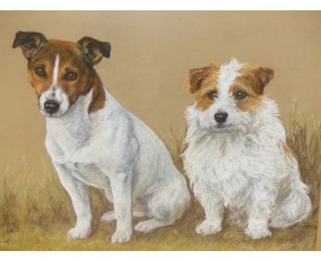 MARY BROWNING (20th/21st.C.).   ARR.  PORTRAIT OF TWO TERRIERS.  PASTEL, SIGNED.  51 x 63cms.