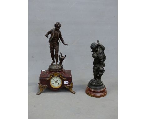 A RED MARBLE AND SPELTER CASED CLOCK, THE MOVEMENT COUNTWHEEL STRIKING ON A BELL, THE DIAL WITH ARABIC NUMERALS SURMOUNTED BY