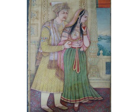 A VERY LARGE 19th.C. INDIAN WATERCOLOUR. A FULL LENGTH PORTRAIT OF AN ARISTOCRATIC COUPLE ON A BALCONY OVERLOOKING A LANDSCAP