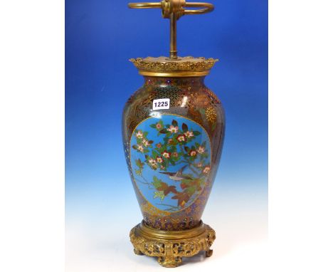 A JAPANESE CLOISONNE VASE ORMOLU MOUNTED AS A TWIN SOCKET LAMP, THE OVOID VASE WITH TWO BLUE GROUND OVALS OF BIRDS AND FLOWER