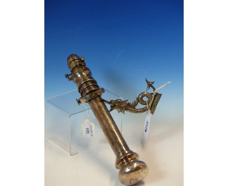 A SHIP'S SILVERED METAL WALL MOUNTING CANDLESTICK, THE DOLPHIN BRACKET WITH A GIMBAL IN ITS MOUTH AROUND THE WEIGHTED HOLDER 