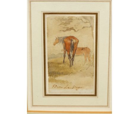 SIR EDWIN LANDSEER (1802-1873).  SKETCH OF TWO HORSES.  SIGNED WATERCOLOUR.  11.5 x 6.5cms.