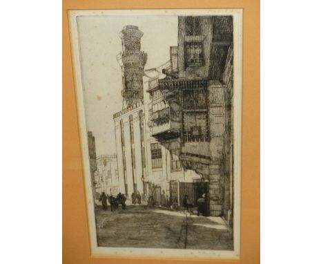 MARJORIE SHERLOCK (1897-1973).  ARR.  AN EASTERN CITY VIEW.  SIGNED ETCHING.  32 x 19cms.  TOGETHER WITH TWO OTHERS BY THE SA