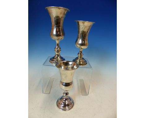 TWO HALLMARKED SILVER AND ONE STERLING STAMPED JUDAICA STYLE WAISTED GOBLETS, WITH HAND ENGRAVED DECORATION, HALLMARKS FOR LO